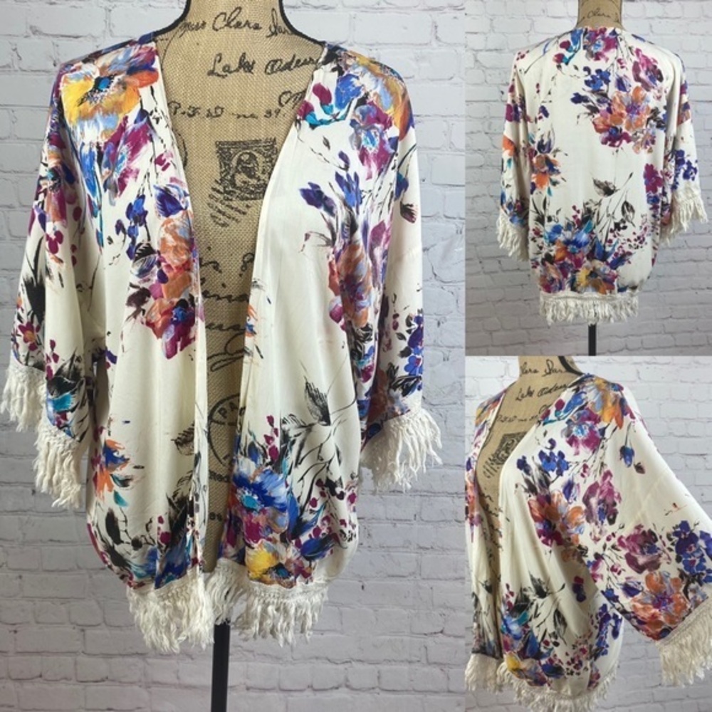 Umgee Floral Open Front Fringe Kimono
